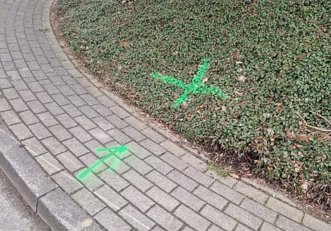 Gepflasterter Gehweg im Bogen mit Bordstein und Leitungsmarkierung