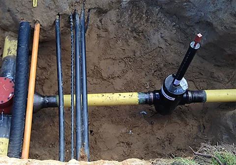 Gasleitung mit Absperrarmatur im Graben